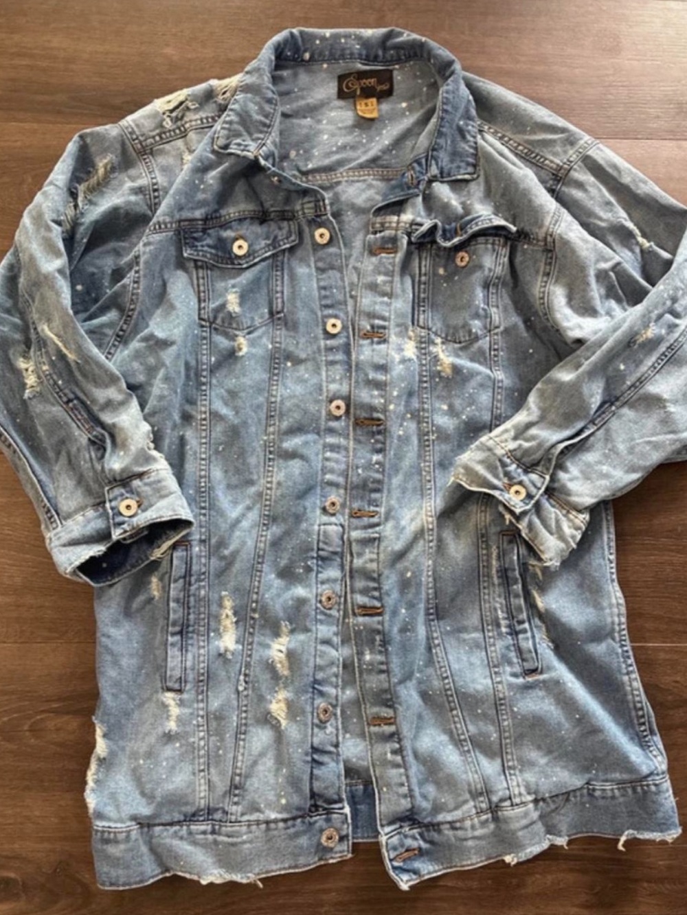 Spoon Jeans Distressed Paint Splatter Long Denim Jacket Small